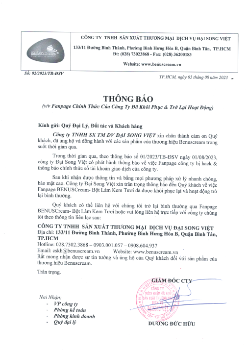 THÔNG BÁO VỀ VIỆC FANPAGE CHÍNH THỨC CỦA CÔNG TY ĐÃ KHÔI PHỤC & TRỞ LẠI HOẠT ĐỘNG